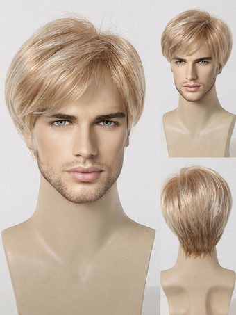 ライトブラウンブロンドの男性用ウィッグ、ショートストレート前髪、ナチュラルコスプレウィッグ
