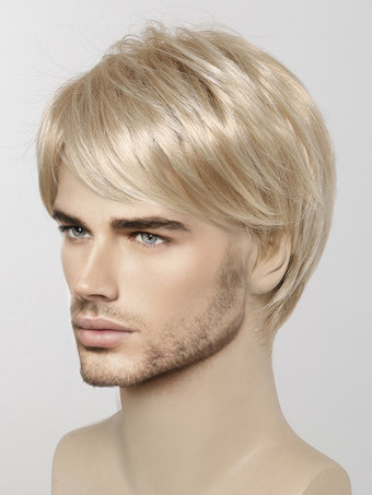 ブロンドの男性用ウィッグ、ショートストレート前髪、ナチュラルコスプレウィッグ