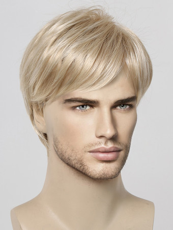 ブロンドの男性用ウィッグ、ショートストレート前髪、ナチュラルコスプレウィッグ