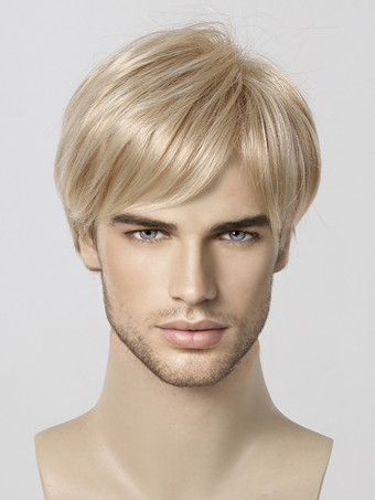 ブロンドの男性用ウィッグ、ショートストレート前髪、ナチュラルコスプレウィッグ