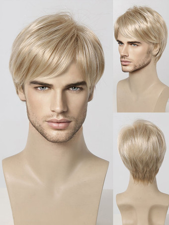 シャンパンカラーブロンドの男性用ウィッグ、ショートストレート前髪、ナチュラルコスプレウィッグ