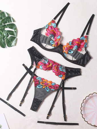 ブラック ガーターベルト付き花柄刺繍ブラパンティ4点セット下着