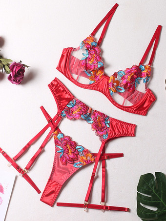 ガーターベルト付き花柄刺繍ブラパンティ4点セット下着