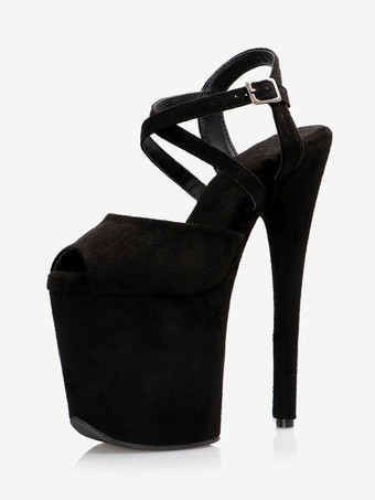 ブラック ハイヒール セクシー サンダル ディープブラウン マイクロスエードアッパー ピープトゥ 3.9インチ バックル 7.9インチ セクシーシューズ