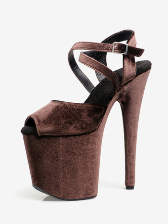 ディープブラウンハイヒール セクシー サンダル ディープブラウン マイクロスエードアッパー ピープトゥ 3.9インチ バックル 7.9インチ セクシーシューズ