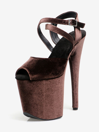 ハイヒール セクシー サンダル ディープブラウン マイクロスエードアッパー ピープトゥ 3.9インチ バックル 7.9インチ セクシーシューズ