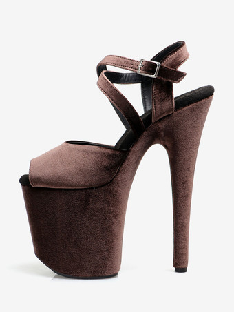 ハイヒール セクシー サンダル ディープブラウン マイクロスエードアッパー ピープトゥ 3.9インチ バックル 7.9インチ セクシーシューズ