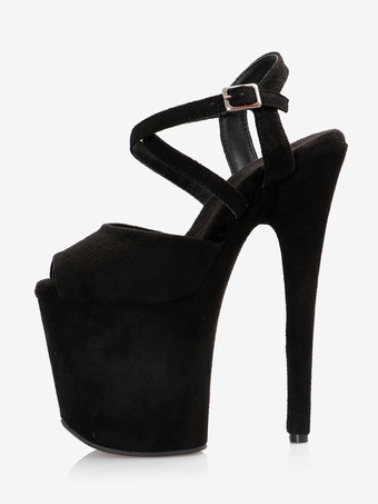 ハイヒール セクシー サンダル ディープブラウン マイクロスエードアッパー ピープトゥ 3.9インチ バックル 7.9インチ セクシーシューズ