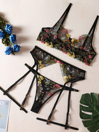 ブラック 刺繍入りシースルーランジェリー ピンク 大人用ブラジャー パンティ 4点セット