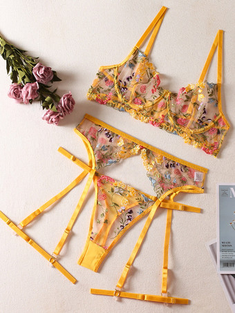 刺繍入りシースルーランジェリー ピンク 大人用ブラジャー パンティ 4点セット