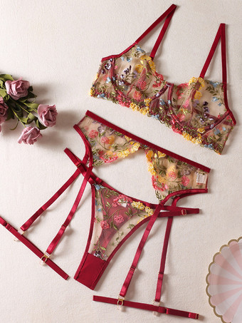 ワインレッド 刺繍入りシースルーランジェリー ピンク 大人用ブラジャー パンティ 4点セット