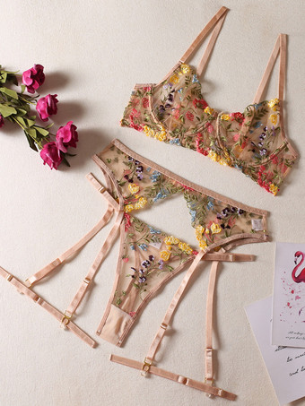 ライトブラウン刺繍入りシースルーランジェリー ピンク 大人用ブラジャー パンティ 4点セット