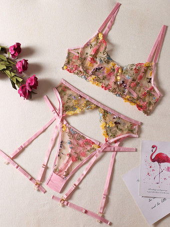 ピンク刺繍入りシースルーランジェリー ピンク 大人用ブラジャー パンティ 4点セット