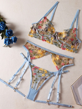 ライトスカイブルー刺繍入りシースルーランジェリー ピンク 大人用ブラジャー パンティ 4点セット