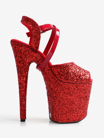 Sexy Sandalen mit hohen Absätzen rotes PU-Leder Peep Toe 99 cm Schnalle 201 cm sexy Schuhe