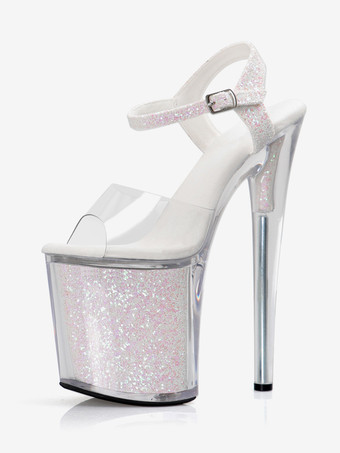 ハイヒールセクシーサンダル ソフトピンク PUレザー ピープトゥ 3.9インチ バックル 7.9インチ セクシーシューズ