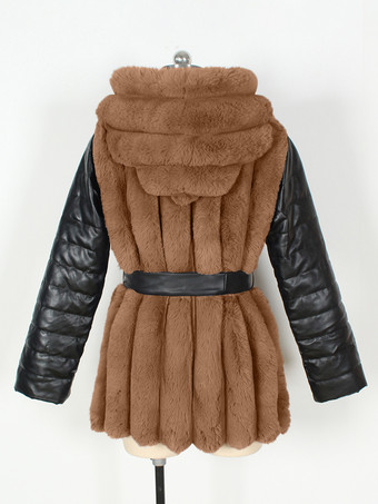 環境に優しいコート パッチワーク フード付き ベルト付き シックな冬用ジャケット