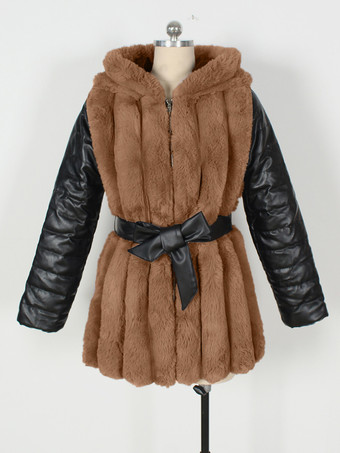 環境に優しいコート パッチワーク フード付き ベルト付き シックな冬用ジャケット