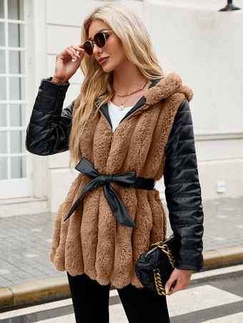 ライトブラウン環境に優しいコート パッチワーク フード付き ベルト付き シックな冬用ジャケット