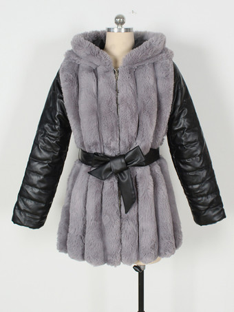 環境に優しいコート パッチワーク フード付き ベルト付き シックな冬用ジャケット