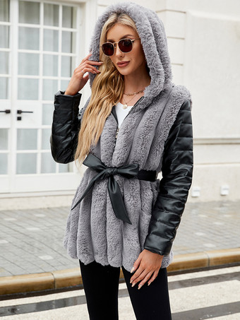 環境に優しいコート パッチワーク フード付き ベルト付き シックな冬用ジャケット