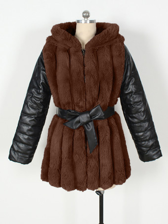 環境に優しいコート パッチワーク フード付き ベルト付き シックな冬用ジャケット