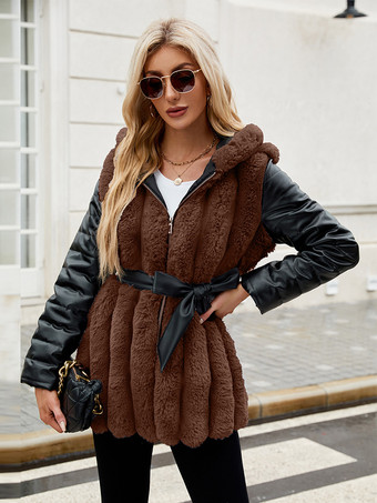 ブラウン 環境に優しいコート パッチワーク フード付き ベルト付き シックな冬用ジャケット