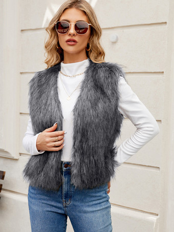 グレイ環境に優しいファーコート ノースリーブ オープンフロント 快適な冬用ベスト