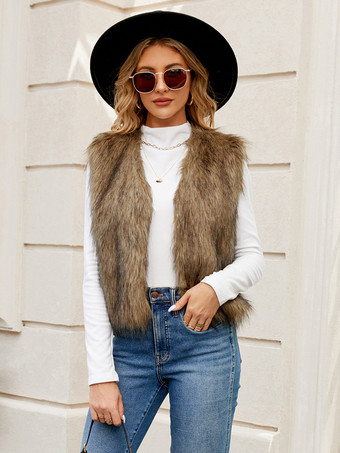 ブラウン 環境に優しいファーコート ノースリーブ オープンフロント 快適な冬用ベスト