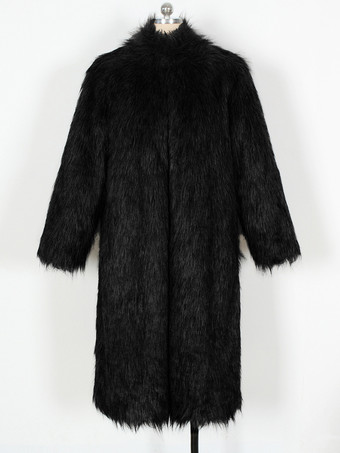 フェイクファーコート 長袖 エレガントなターンダウンカラー ブラック 冬 エコフレンドリーコート