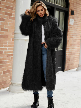 フェイクファーコート 長袖 エレガントなターンダウンカラー ブラック 冬 エコフレンドリーコート