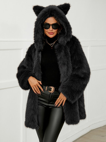 Nero Cappotto in pelliccia sintetica con cappuccio Silver Wolf da donna invernale ecologico 2025