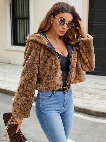 フェイクファーコート 長袖 シックなツートンカラー フード付き コーヒーブラウン 冬 環境に優しいファーコート