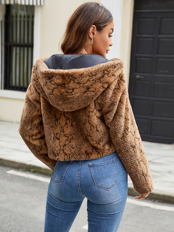 フェイクファーコート 長袖 シックなツートンカラー フード付き コーヒーブラウン 冬 環境に優しいファーコート