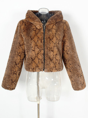 フェイクファーコート 長袖 シックなツートンカラー フード付き コーヒーブラウン 冬 環境に優しいファーコート