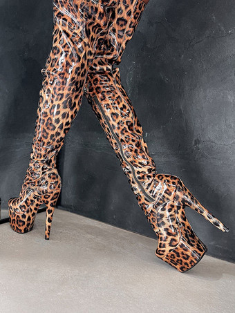 セクシーなハイヒールブーツ プラットフォーム レオパード ラウンドトゥ レースアップ スティレットヒール ポールダンス サイハイブーツ