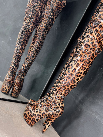 セクシーなハイヒールブーツ プラットフォーム レオパード ラウンドトゥ レースアップ スティレットヒール ポールダンス サイハイブーツ