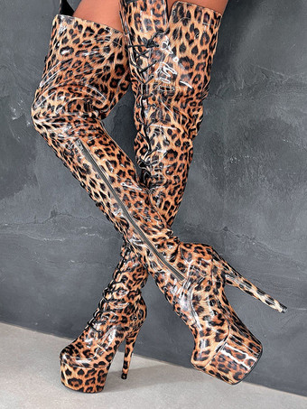 セクシーなハイヒールブーツ プラットフォーム レオパード ラウンドトゥ レースアップ スティレットヒール ポールダンス サイハイブーツ