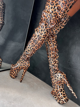 セクシーなハイヒールブーツ プラットフォーム レオパード ラウンドトゥ レースアップ スティレットヒール ポールダンス サイハイブーツ