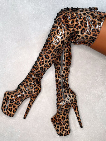 セクシーなハイヒールブーツ プラットフォーム レオパード ラウンドトゥ レースアップ スティレットヒール ポールダンス サイハイブーツ