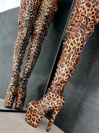セクシーなハイヒールブーツ プラットフォーム レオパード ラウンドトゥ レースアップ スティレットヒール ポールダンス サイハイブーツ