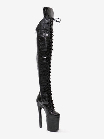 セクシーなハイヒールブーツ ラウンドトゥ ジッパー スティレットヒール ポールダンス ブラック サイハイブーツ オーバーニーブーツ