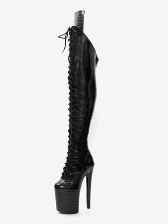 ブラック セクシーなハイヒールブーツ ラウンドトゥ ジッパー スティレットヒール ポールダンス ブラック サイハイブーツ オーバーニーブーツ