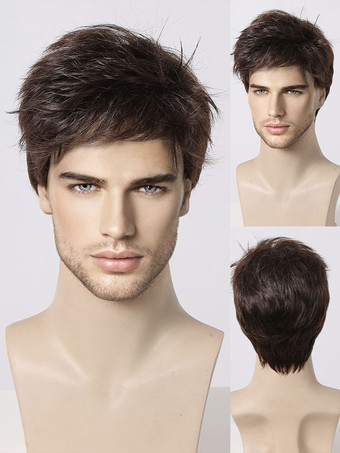marrón oscuroPeluca de hombre recta corta natural para cosplay
