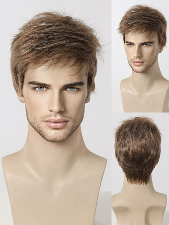 薄栗色メンズウィッグ ダークブラウン ストレート ショート ナチュラル コスプレウィッグ