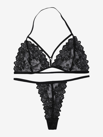 ブラックランジェリー 2ピース セクシー レース 刺繍 下着 ホルターネック ブラ ソング セット