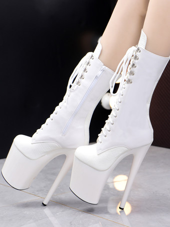 ホワイト セクシーなハイヒールブーツ プラットフォーム レースアップ ポールダンスシューズ