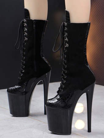 ブラック セクシーなハイヒールブーツ プラットフォーム レースアップ ポールダンスシューズ