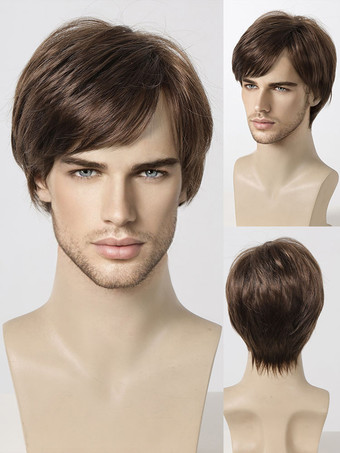marron foncéPerruque Pour Homme Brune Avec Frange Droite Courte Accessoire Naturelle Cosplay