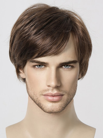 Perruque Pour Homme Brune Avec Frange Droite Courte Accessoire Naturelle Cosplay